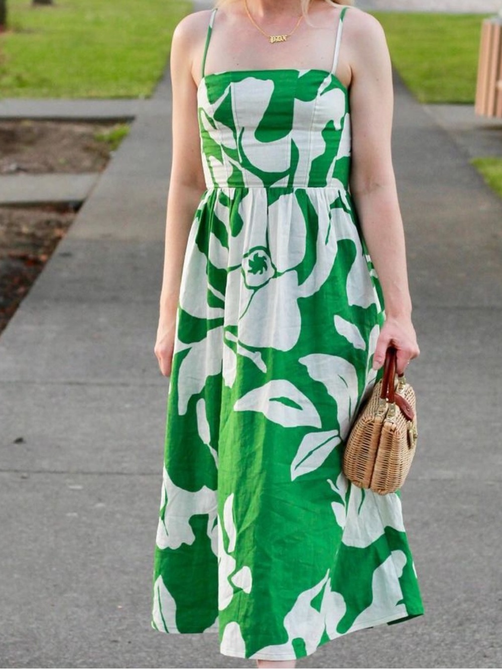 H&M linen blend Green and White Floral Maxi Dress tropical spaghetti straps XL